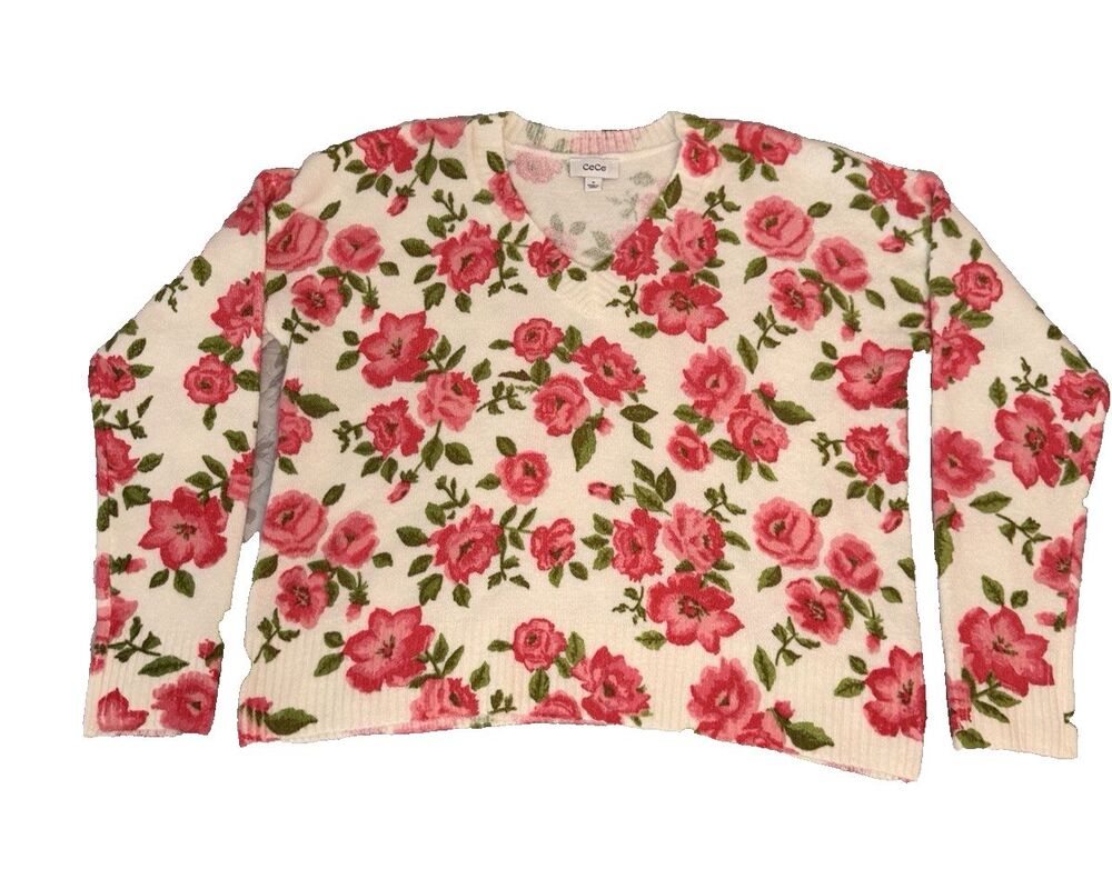 CeCe Floral Rose Print V Neck Sweater Women’s Medium Cottagecore Romantic